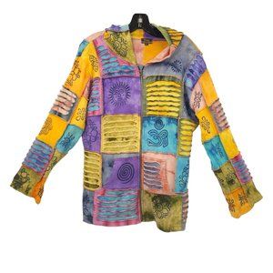 Rising International Zip Front Hoodie Jacket Size M Boho Rainbow Patchwork Y2K